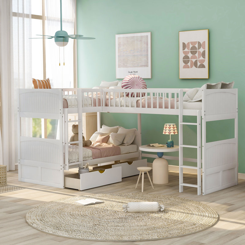  Lit superposé simple avec cadre mezzanine attaché et deux tiroirs de rangement, blanc, Blanc
