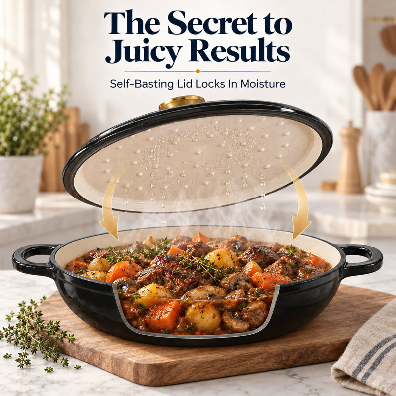 3.5 Quart Enameled Cast Iron Round Braiser Pan with Self-Basting Lid and Loop Handles (Black), Black