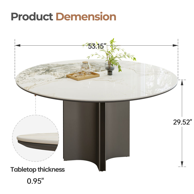 Modern 53" White Round Ceramic Sintered Stone Dining Table with Stainless Steel Base（Table only）, White
