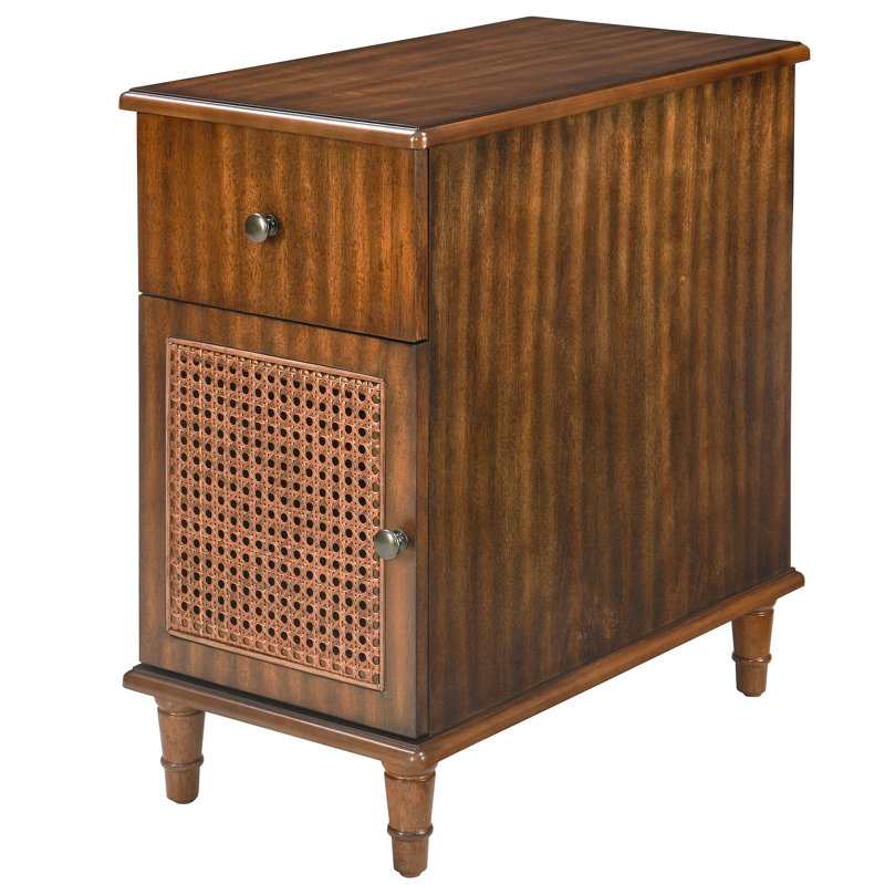 Wood Rattan Side Table with Storage