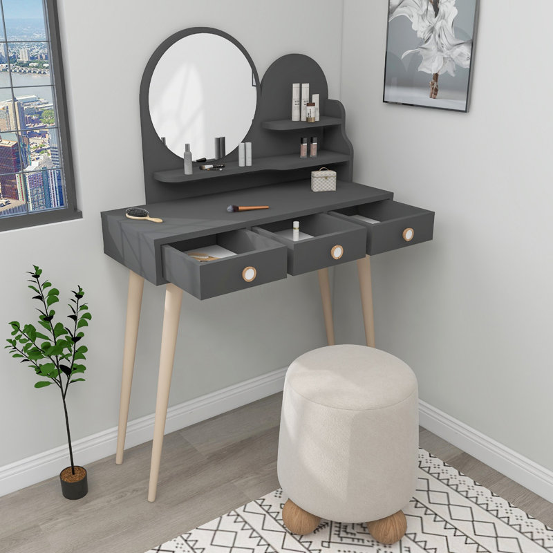 Elegant Make-Up Table with Mirror, Anthracite Color, 51.5 x 29.1 x 13.8 inches | 100% Melamine Coated Particle Board, Thickness: 0.7 inches | Sturdy Beechwood Legs, Modern Design for Stylish Vanity Spaces