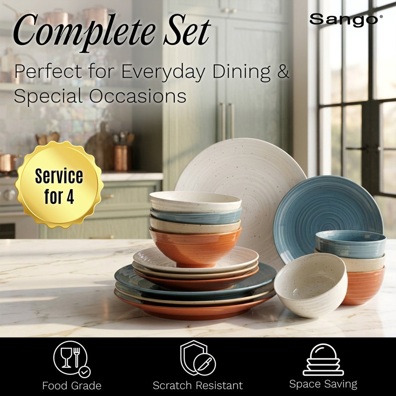 Sango Siterra Painter's Palette 16-Piece Stoneware Dinnerware Set - Service For 4, Plate & Bowl Set