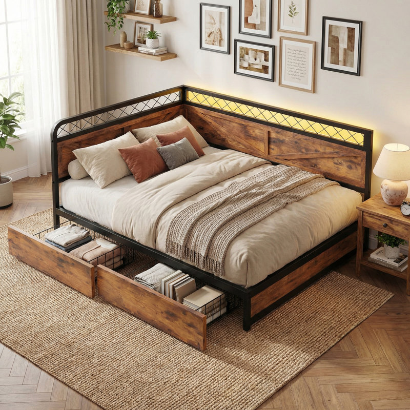 Industrial Corner Daybed With LED Lights & Storage Drawer - Twin Size, 900Lb Capacity, Industrial Brown, Full