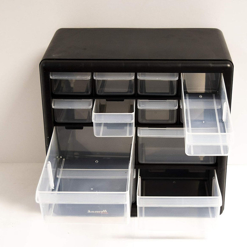 Plastic Storage Drawers, 12-Drawer Parts Organizer,  Desktop or Wall Mount Container for Hardware, Black