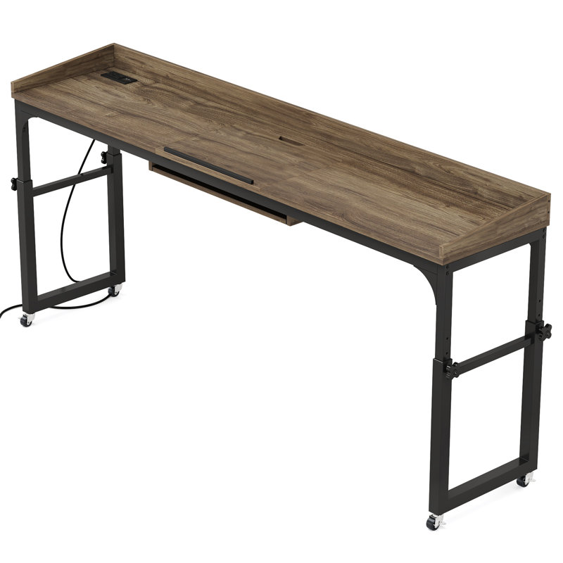 Table de lit réglable en hauteur avec roulettes, bureau mobile pour ordinateur portable, chariot d'ordinateur roulant avec support inclinable, prises intégrées et ports USB pour lit / canapé