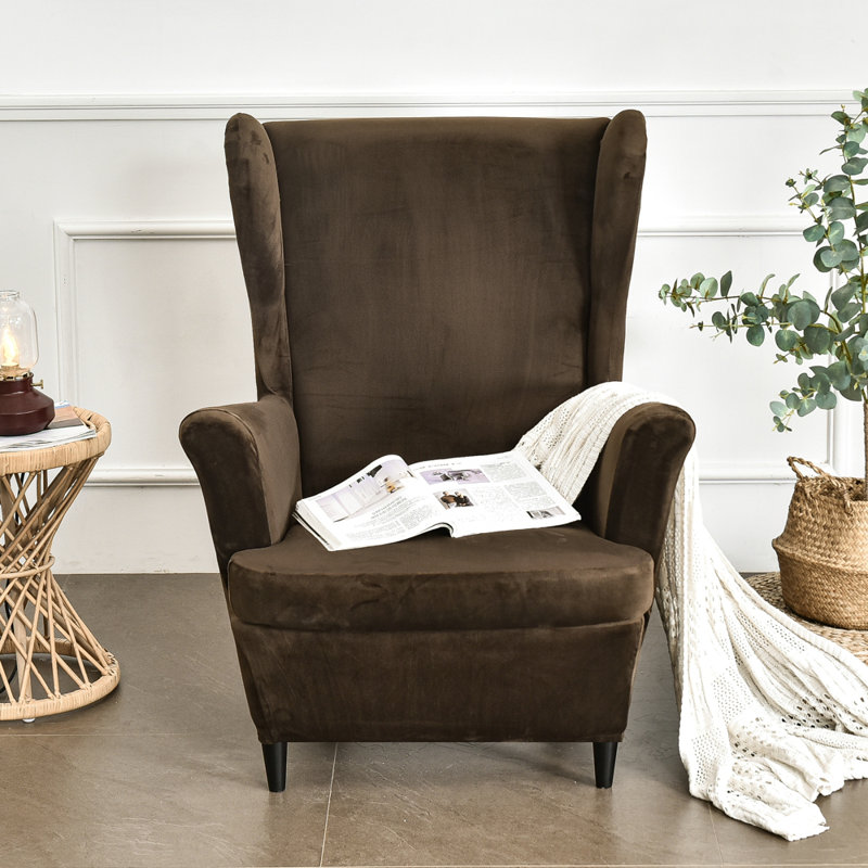 Housse pour fauteuil à oreilles extensible 2 pièces en velours doux, Café