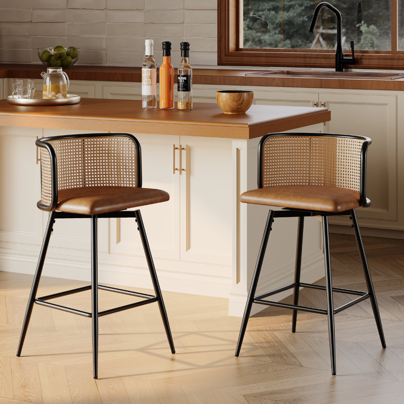 26"H Rattan Swivel Bar Stools Set Of 2, Brown