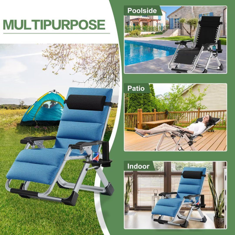 Ensemble de 2 fauteuils zéro gravité, méridienne inclinable réglable avec coussin, appui-tête et porte-gobelet, Bleu
