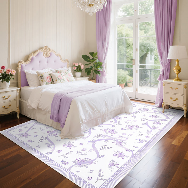 Washable Area Rug Bow Décor, Purple/White, Rectangle 9' x 12'