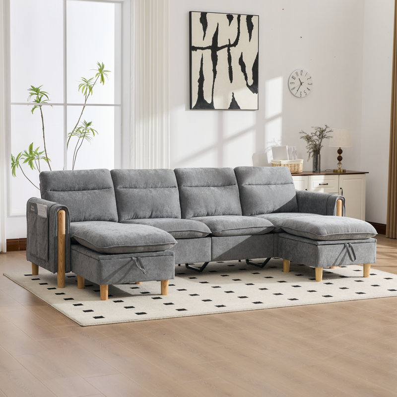 102" Modular U-Shaped Sectional Sofa with Storage Ottoman, Chenille Upholstered Couch with Deep Spring Cushions and Side Pockets for Living Room,Apartment