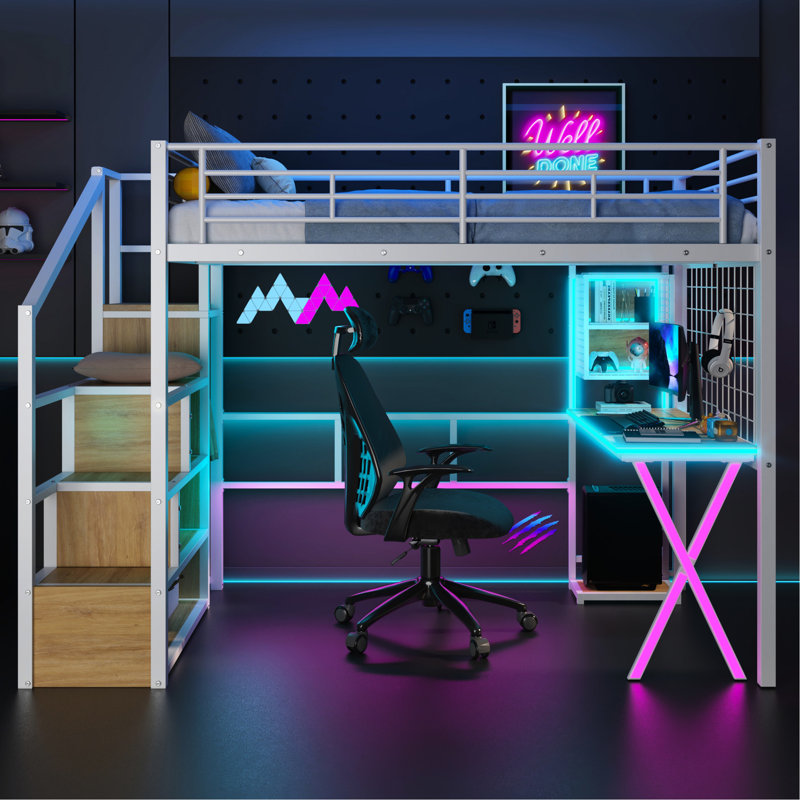 Lit mezzanine en métal avec garde-robe, escalier, DEL et bureau - Transformez votre chambre à coucher en un élégant escalier de rangement, espace intelligent