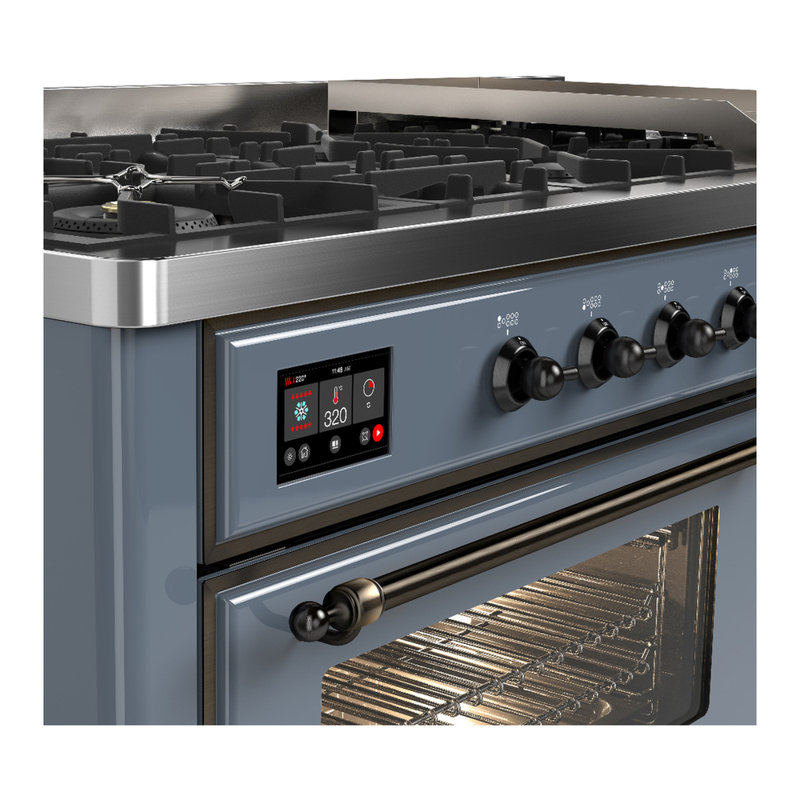 Majestic III Series 60 Inch Dual Fuel Range with 7 Sealed Burners, Griddle, in Blue Grey (Liquid Propane, Burnished Trim)