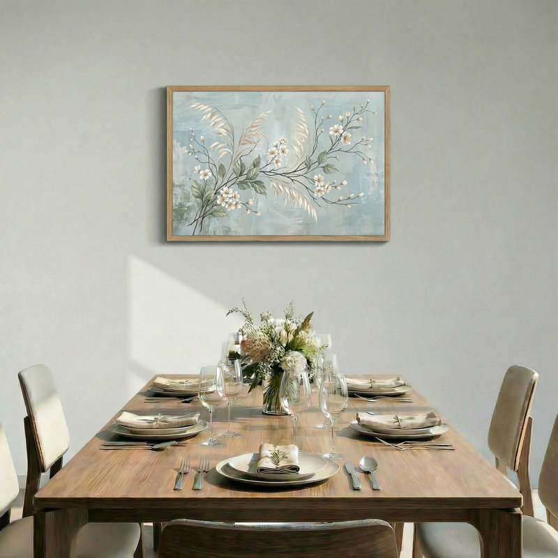 Art mural sur toile, branches de fleurs blanches et feuilles vertes sur fond bleu, H 24 po x l 36 po