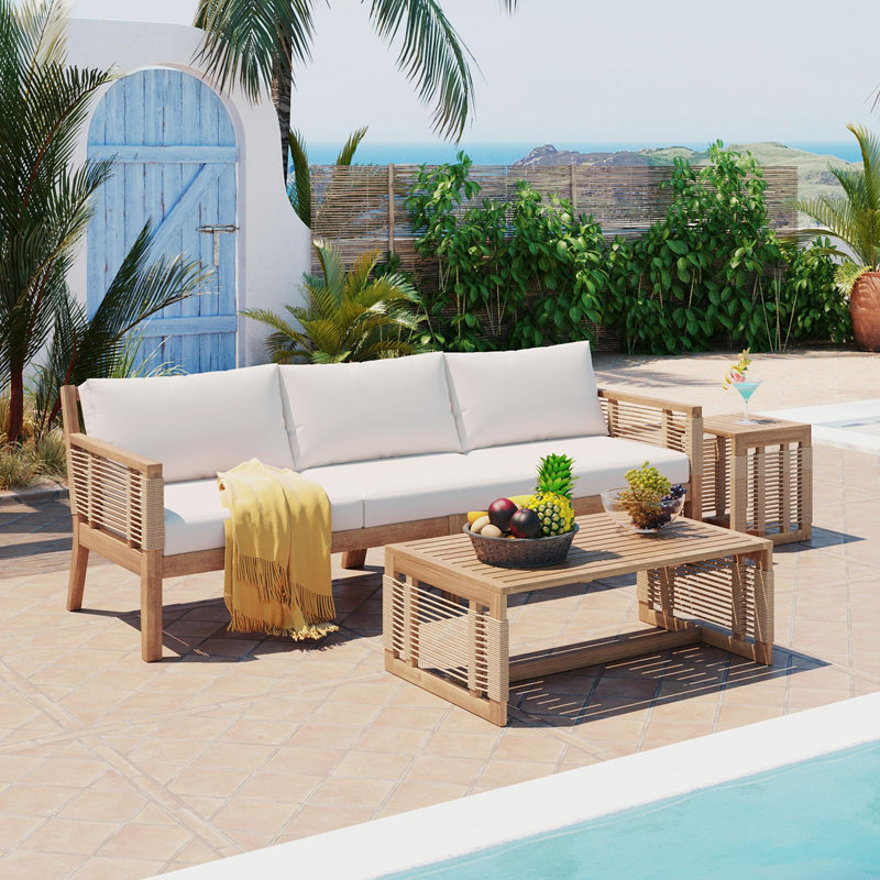 Ensemble de conversation en teck 3 pièces avec coussins, ensemble de conversation pour patio, bois d'acacia, détails tissés en corde, bord de mer moderne