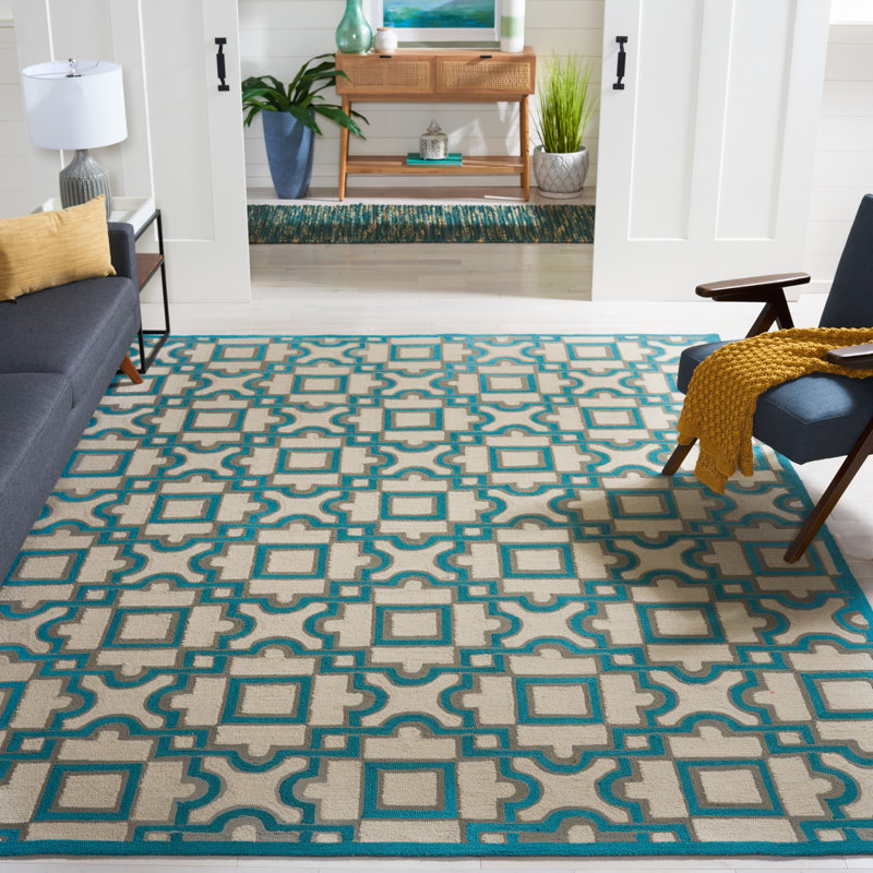 Tapis intérieur / extérieur ivoire / turquoise Childers, Rectangle 4 pi x 6 pi