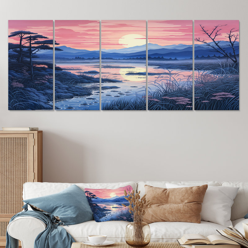 «Pink Japanese Lake View - River Mountain», ensemble de 5 pièces d'art mural, H 32 po x l 80 po