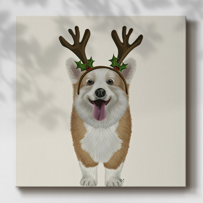 Corgi Christmas Antler sur toile, H 40 po x l 40 po x P 1,5 po