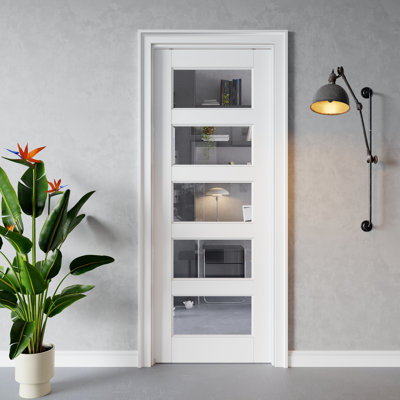 Porte intérieure coulissante à 5 carreaux en verre clair, en MDF CARB P2 et verre trempé SGCC, avec cadre renforcé et quincaillerie incluse, pour chambre à coucher, préfinie et imperméable, idéale pour garde-manger, chambre, salle de bain et garde-robe, teinture facile à appliquer soi-même, 61 x 203 cm