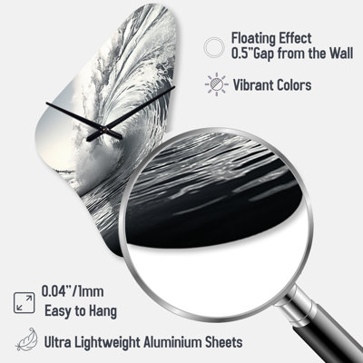 Tham Black And White Wave Photo II - Beach Unique Shape Metal Wall Clock, Grey Asymmetrical Wall Clock Print