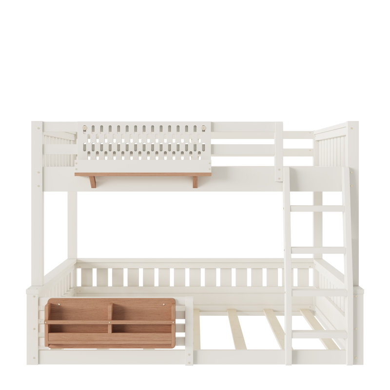 Full XL over Queen Bunk Bed with Ladder, Guardrails, Pegboard & Bookshelf, Beige, Beige, Full XL Over Queen