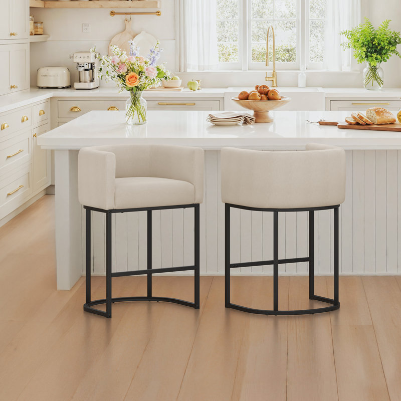 Modern Upholstered Counter Stool with Metal Frame, Black, Linen/Linen
