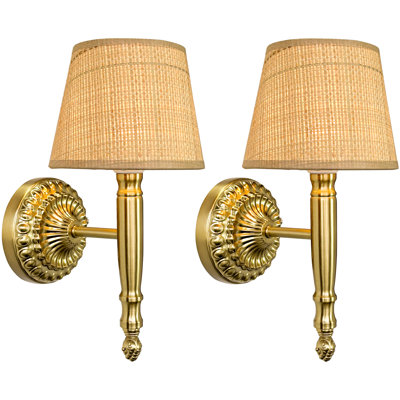 Wireless, Dimmable, Battery Operated Wall Sconces With Beige Rattan Shade & Remote (Set Of 2)