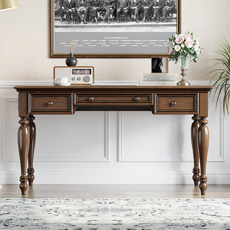 Bureau rectangulaire à 3 tiroirs en bois massif brun noisette
