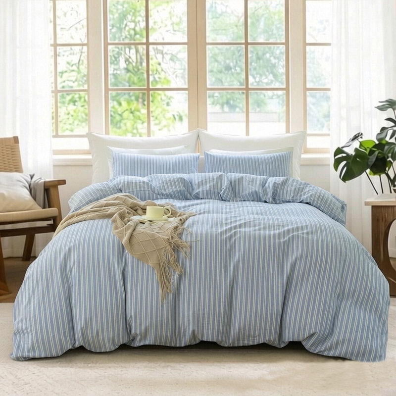 Ensemble de housse de couette à rayures XINMIANFANG, Housse de couette grand et 2 taies d'oreiller stan, Bleu / blanc