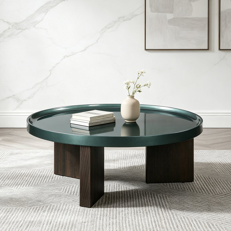 Table basse de style vintage avec plateau noir-vert brillant et pieds en placage chêne blanc