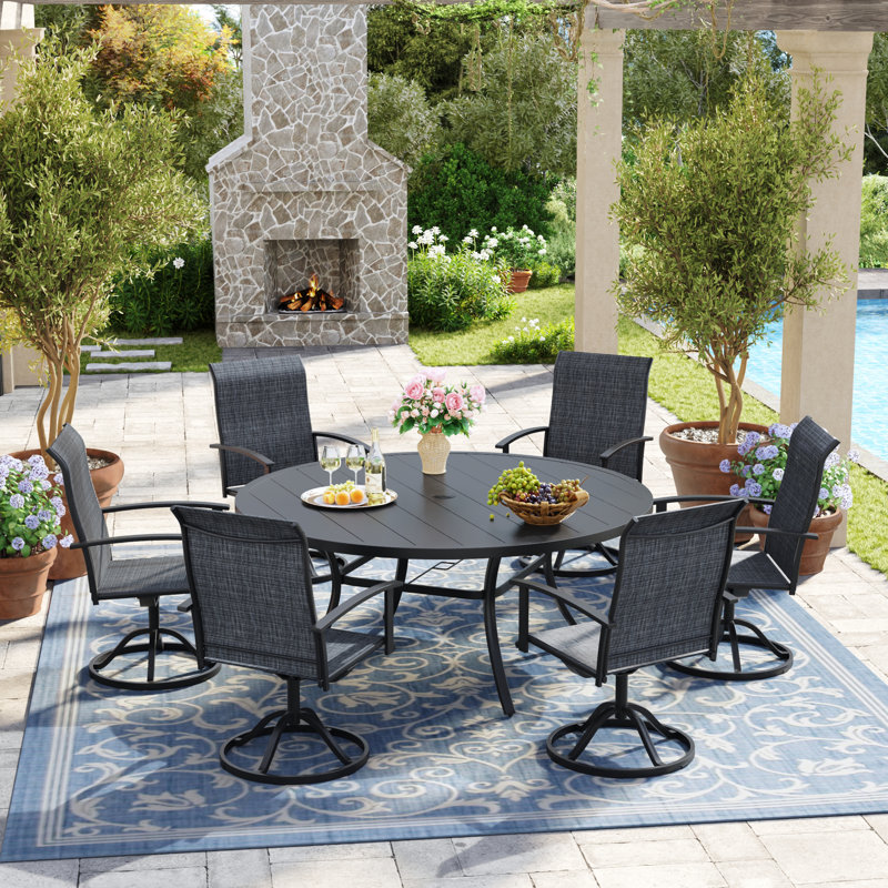 Round Patio Dining Set With 360° Swivel PVC-coated polyester Chairs, Black/Dark Gray