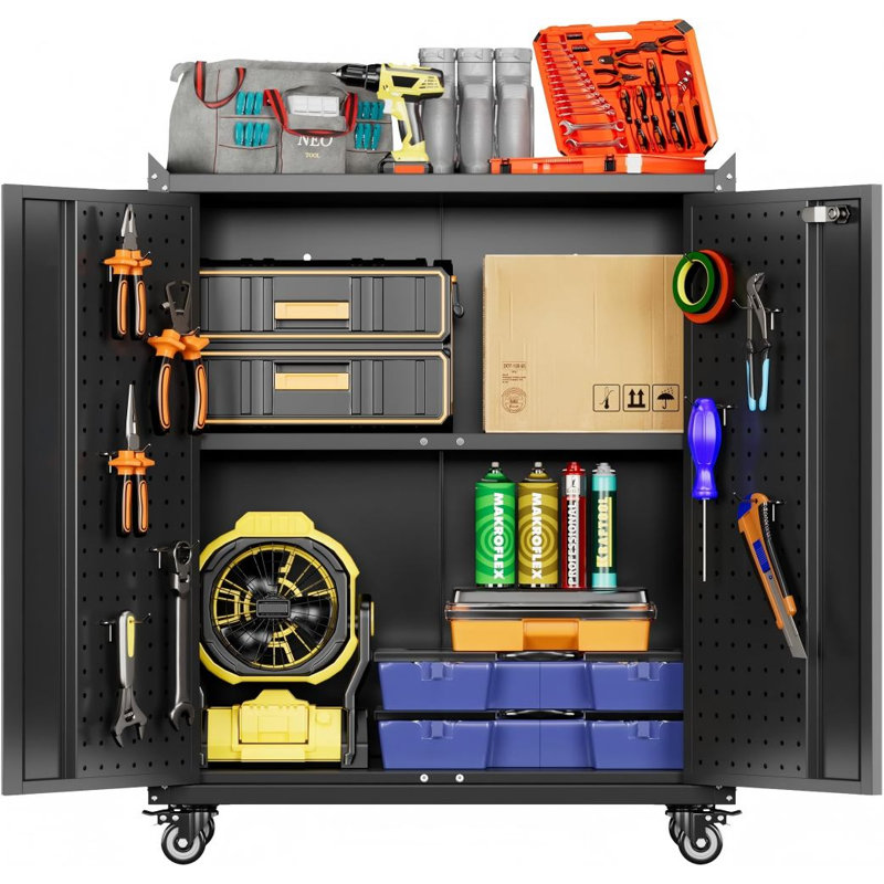 Metal Storage Cabinet with Wheels, Rolling Storage Cabinet with 2 Doors and Adjustable Shelves, Pegboard and 4 Hooks, Black