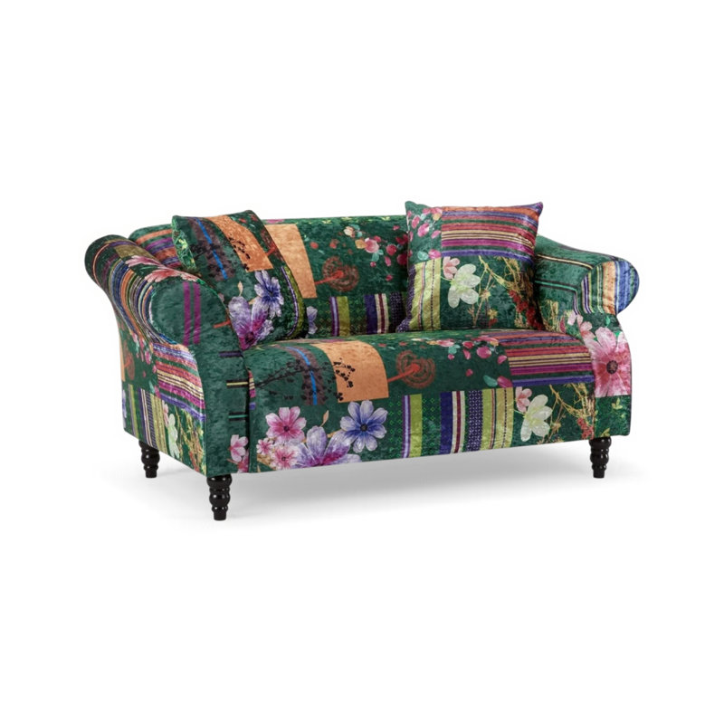 Fortuna Patchwork 2 Seater Rolled Arm Fabric Sofa, Green