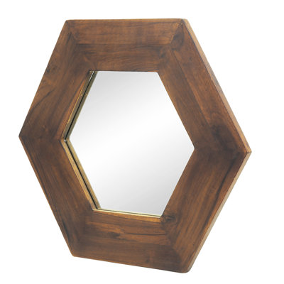 Solid Wood Hexagon Mirror For Decorative Purposes, 18.5"X18.5", Dark Brown Shade With Border, Home Decoration Accessory,