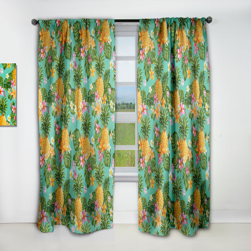 Pinapples and Tropical Flowers - Floral Tropical Blackout Curtain Single Panel, 52" W x 63" L