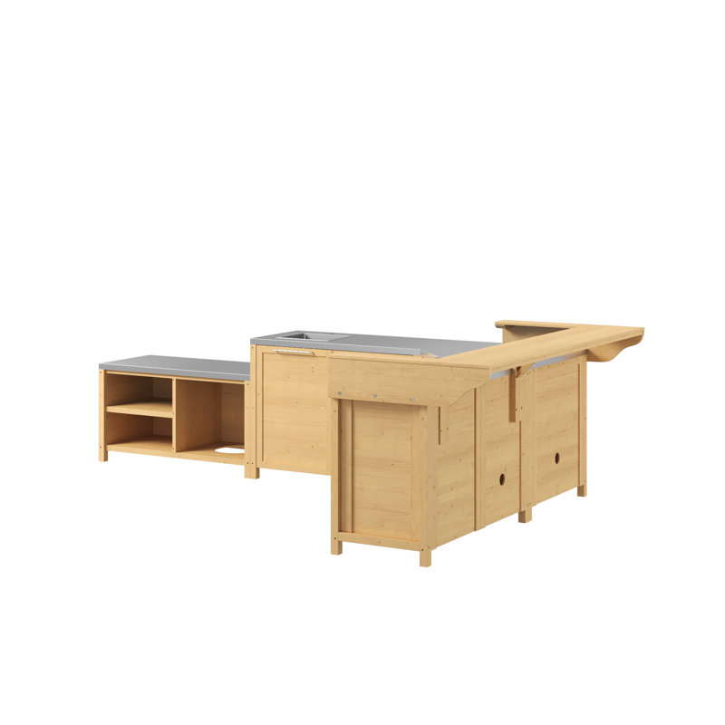 Ensemble de cuisine extérieure 5 pièces en cèdre naturel avec évier, barbecue, rangement et bar, Brun