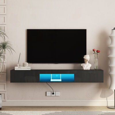 Meuble télé flottant fixé au mur avec 16 lumières à DEL, centre de divertissement moderne pour téléviseurs de 55 à 65 pouces, noir