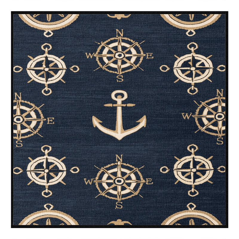 Washable Traditional Emblems Nautical Area Rug, Square 6'