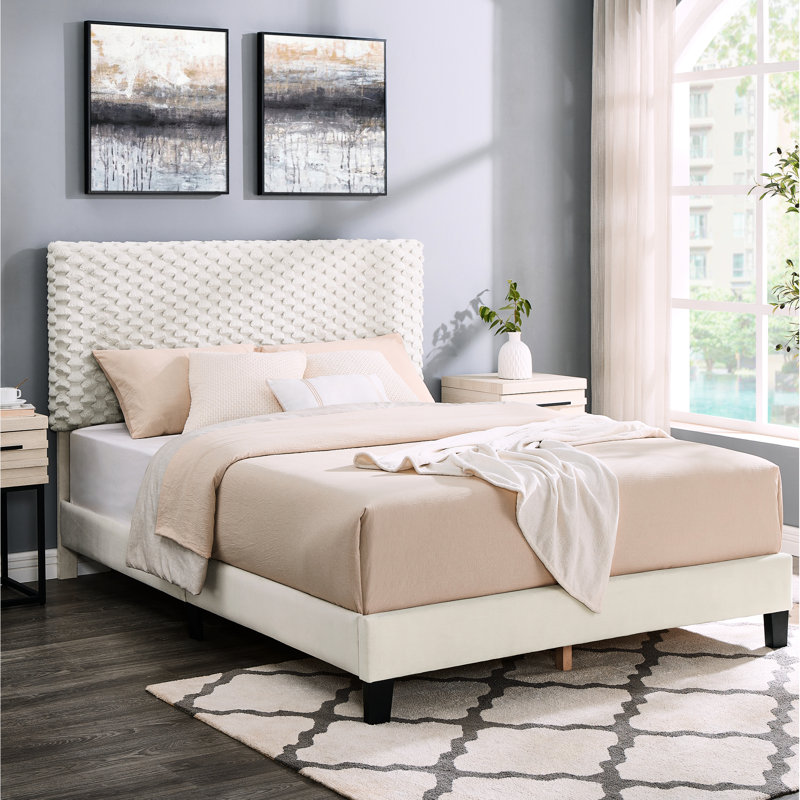 Lit double tapissier 3D blanc - Tête de lit ajustable et élégante sans sommier tapissier, Lit double