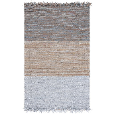 Grube Hand Woven Leather/Cotton/Jute Rug in Grey/Beige