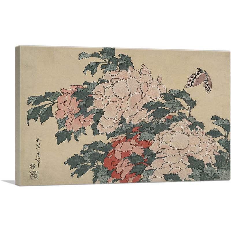 "Pivoines et papillon 1833" par Katsushika Hokusai - reproduction d'art sur toile tendue, H 18 po x l 26 po x P 0,75 po