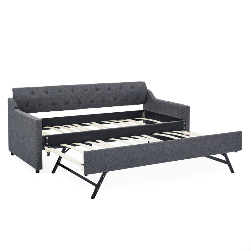 Upholstery DayBed with Erectable Trundle and USB Charging Design, Dark Gray, Twin
