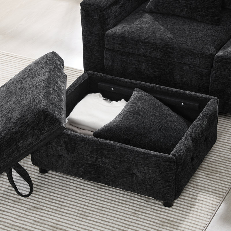Canapé-lit coulissant adaptable avec rangement et éléments de technologie, élégance douillette en chenille pour les espaces modernes