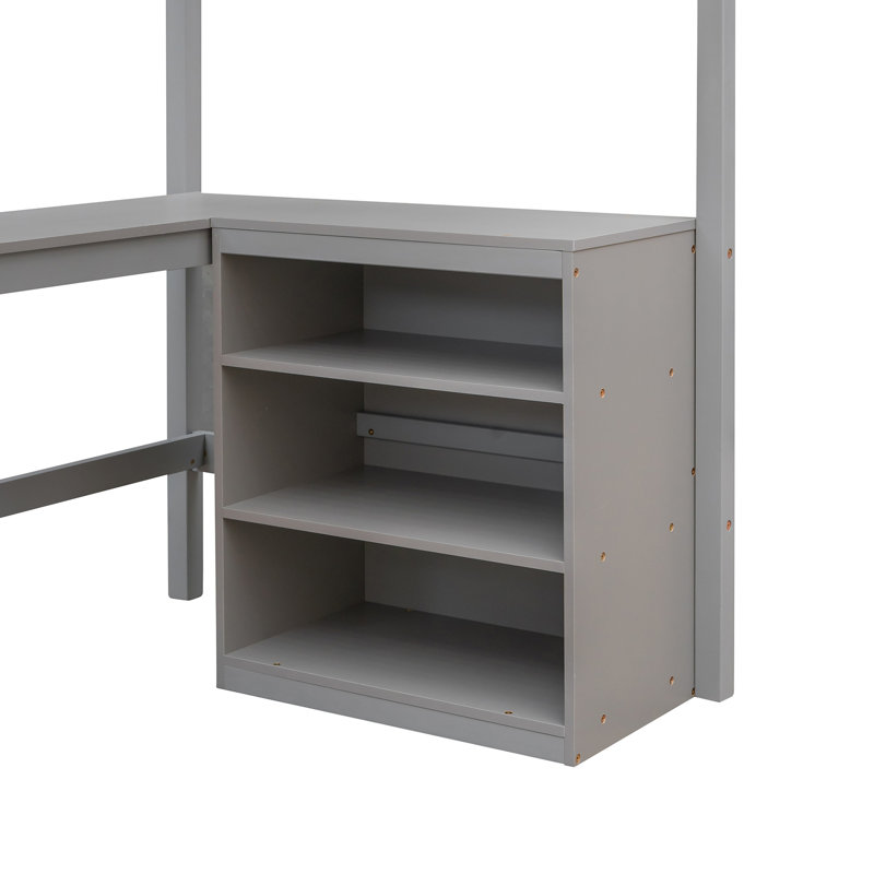 Lit mezzanine simple gris avec bureau polyvalent et tablettes, rehausser l'esthétique de votre chambre à coucher, bois de pin, aire de repos et tablettes confortables - gris, optimisation de l'espace pour les espaces compacts, cadre, idéal