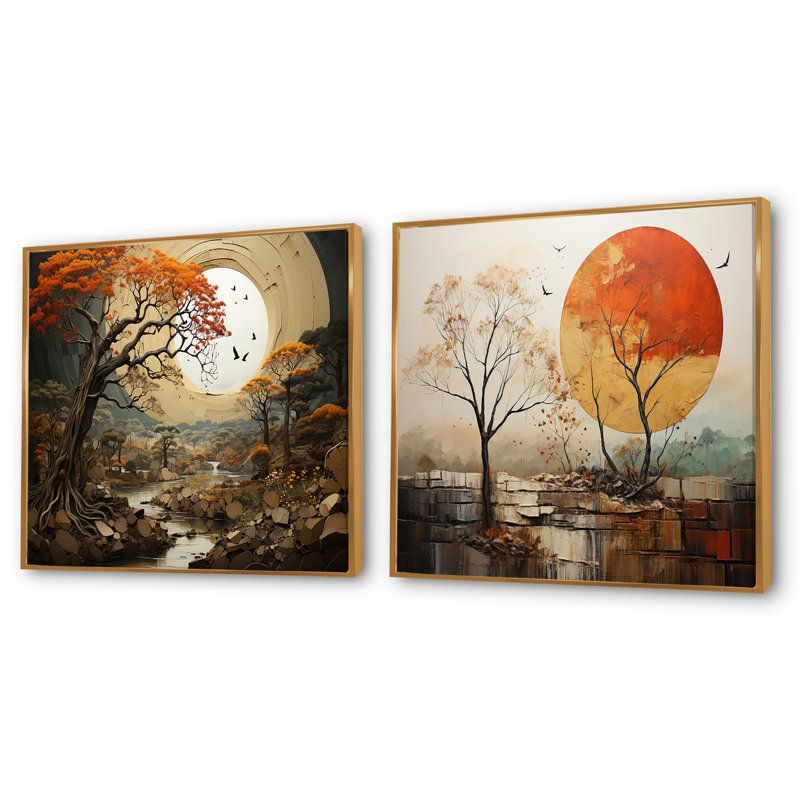 Baobab Tree Harmony I - ensemble de 2 collages floraux carrés, H 16 po x l 33 po, Cadre flottant doré