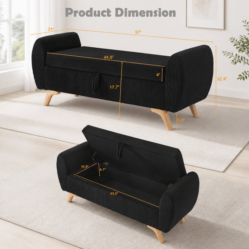 Banc rembourré en velours côtelé avec rangement 57 po, Noir