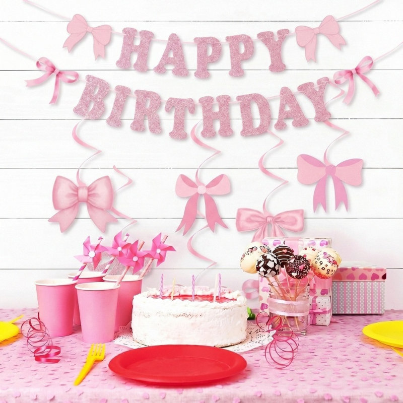 Bannière rose avec paillettes et joyeux anniversaire
