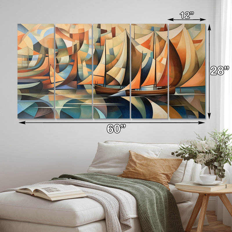 Abstrait voiliers au coucher du soleil, minimalisme cubiste I - bateau, art mural sur toile - 5 panneaux égaux
