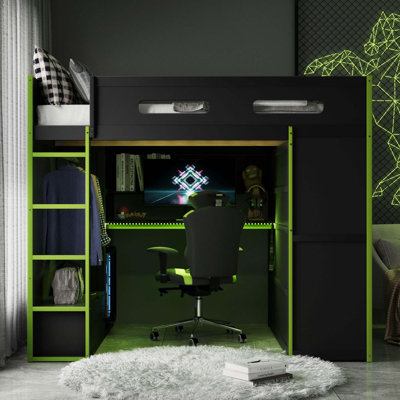 Lit mezzanine double en bois avec bureau, garde-robe, grand espace de rangement et lumière DEL RVB