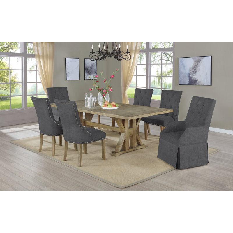 Extendable Trestle Dining Set, Dark Gray, 7 Pieces: 1 Table, 6 Chairs