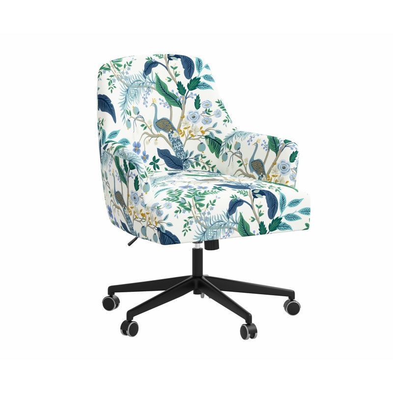 Chaise de bureau avec base Yvette, Bleu paon et lin blanc RPC, Matte Black